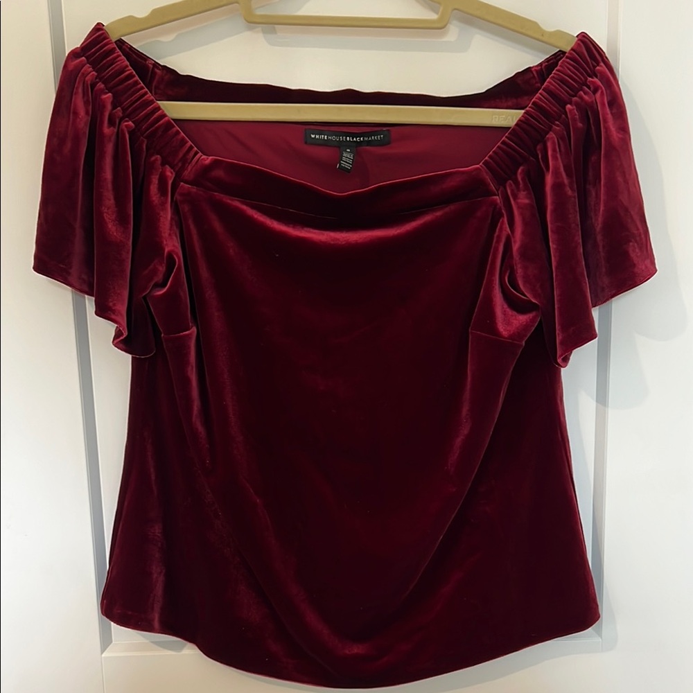 White House Black Market Burgundy Velvet Off-Shoulder Blouse